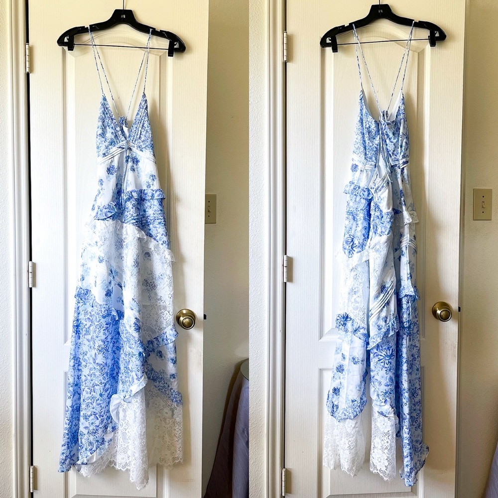 For Love & Lemons Rosalyn Maxi Dress Lace Patchwork Blue XS EUC - Picture 2 of 13